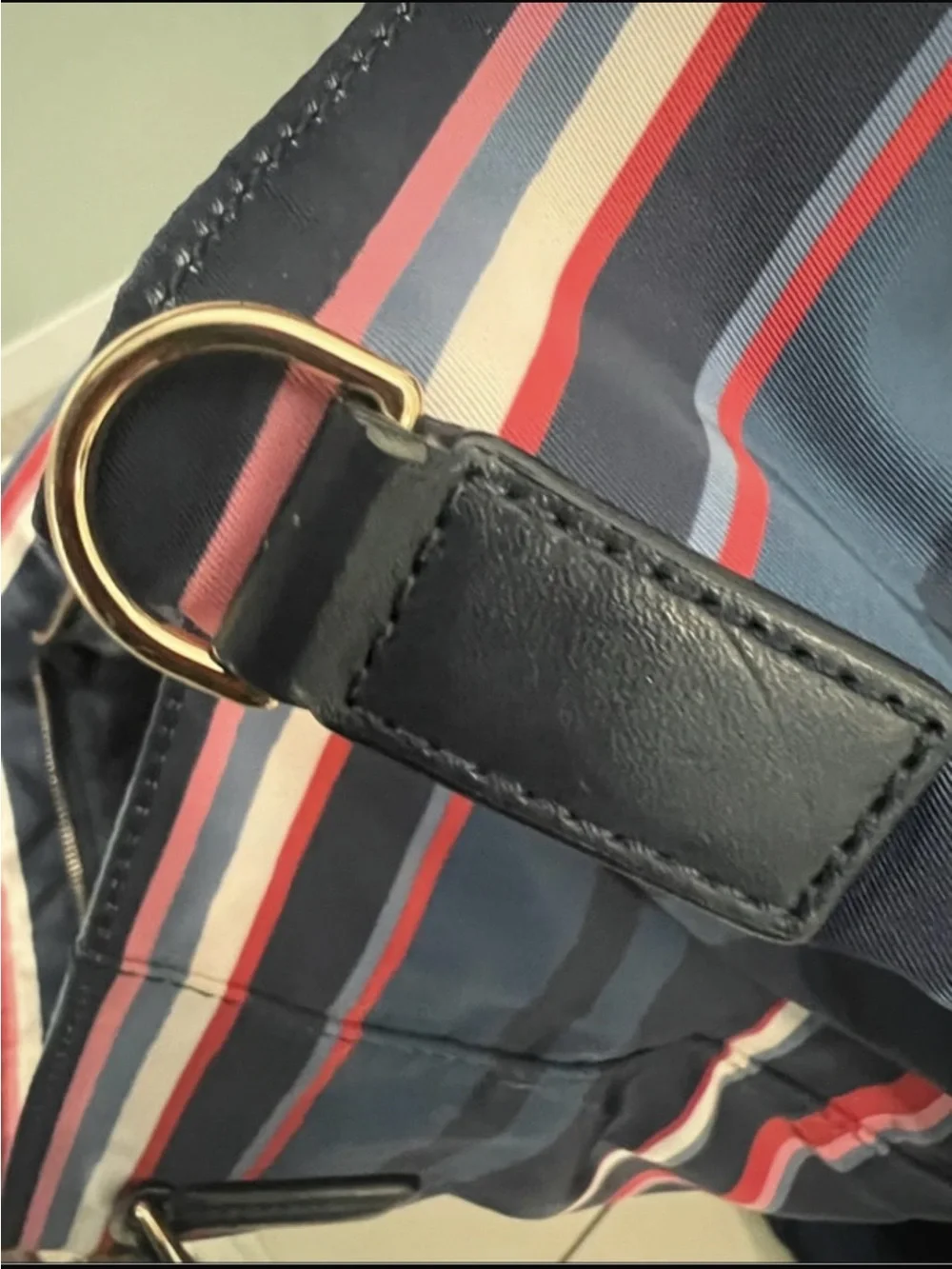 Tory Burch Nylon Stripe Zipper Tote Navy with red & navy comes with a scarf